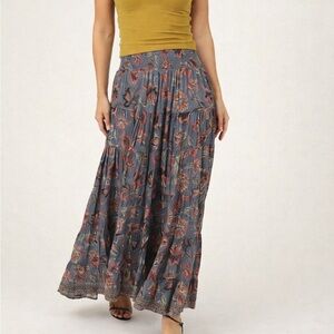 Boho Floral Tiered Maxi Skirt - Blue Floral